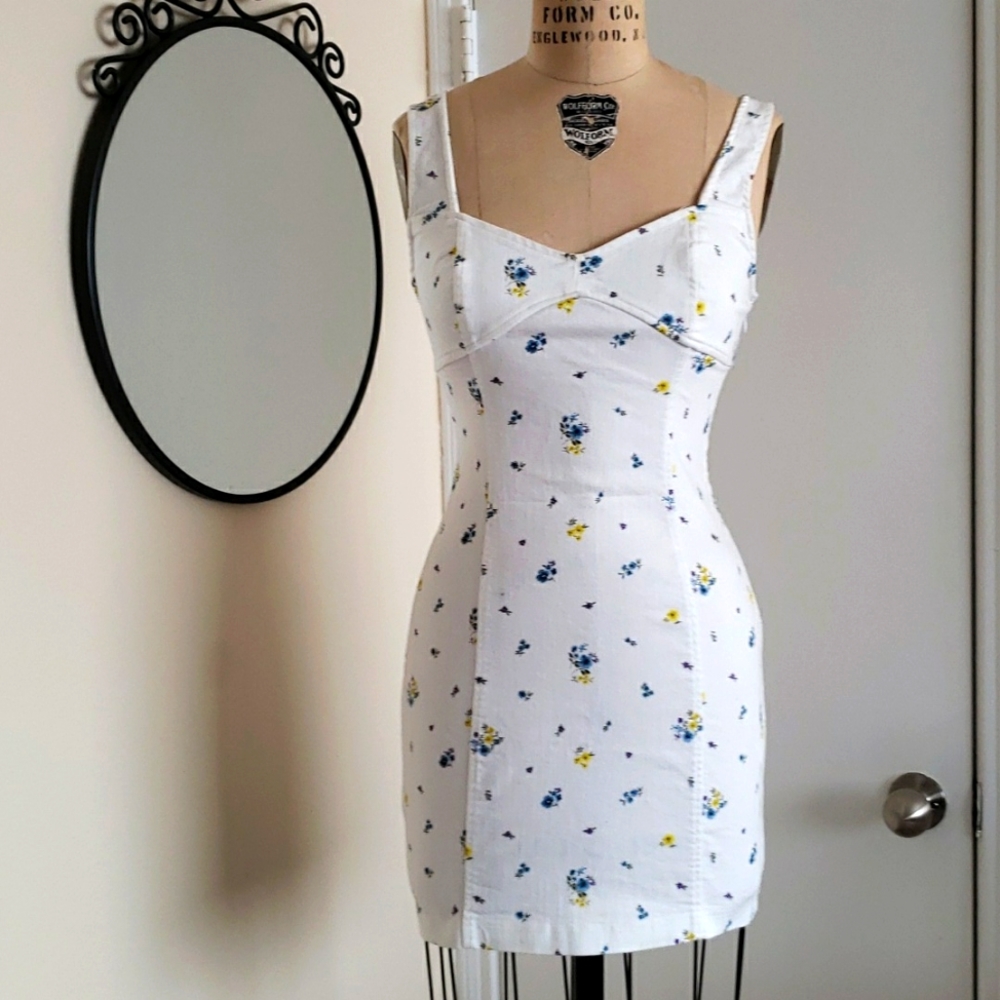 Forever 21 white denim floral flower print cut out dress size small